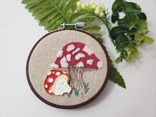Round Wall Art Room Decor Mushroom Pin In Wooden Embroidery Hoop Handmade 4"
