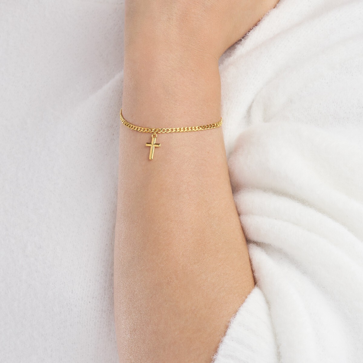 Cross Charm Bracelet Solid 14K Real Gold Cuban Curb Link Chain