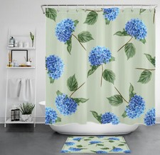 Rustic Blue Hydrangea Flower Sage Green Shower Curtain Set for Bathroom Decor