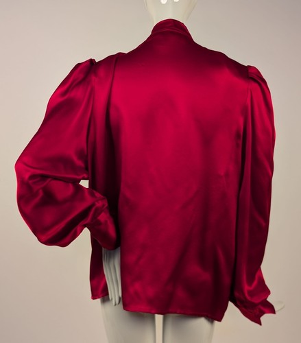 FRENCH VINTAGE 1980’S RED SILK SATIN PUFF SLEEVE BLOUSE W PUSSY BOW NECKLINE - Picture 4 of 5