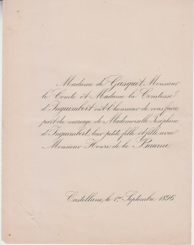 1896 Mariage Henri RENOM de la BAUME & Joséphine d'INGUIMBERT Draguignan (Var). - Picture 2 of 2