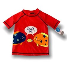 2T Carter's Boys Rashgaurd Swim Shirt Red "Snack Time" Fish UPF 50 Sun Protecti