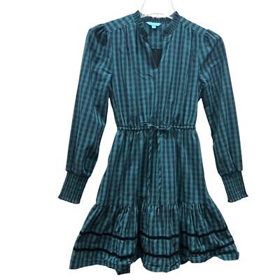 XS Draper James RSVP Womens Green Black Dress check Plaid short Long Sleeve New