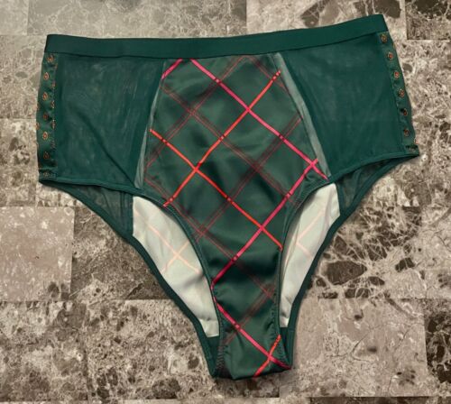 NWT VICTORIA'S SECRET XS SATIN SMOOTH GREEN PINK PLAID MESH RARE CHEEKY PANTIES - 第 1/5 張圖片