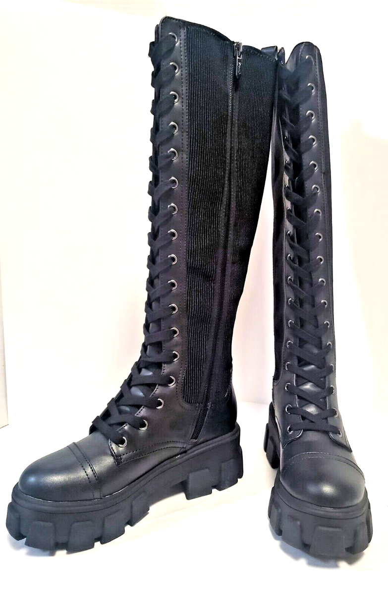 Sam Edelman Women’s Dinah Black Chunky Heel Tall Lace Up Knee High Combat  Boots