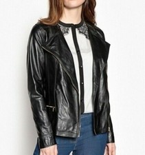 La Redoute Black Real Leather Biker Jacket Size 12/14 Bomber Zipped Rrp £240