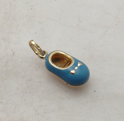 3D Italienisch Blau Kalt Emaille Junge Schuh Charm Anhänger Echt 14K Gelbgold