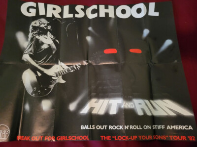 Girlschool Hit and Run US (Stiff) &Canadian (Solid Gold) and Stiff promo poster+