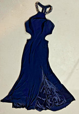FAVIANA BALL PROM DRESS NAVY BLUE SIZE 2 RHINESTONE STRAPS AND BACK CROSSING
