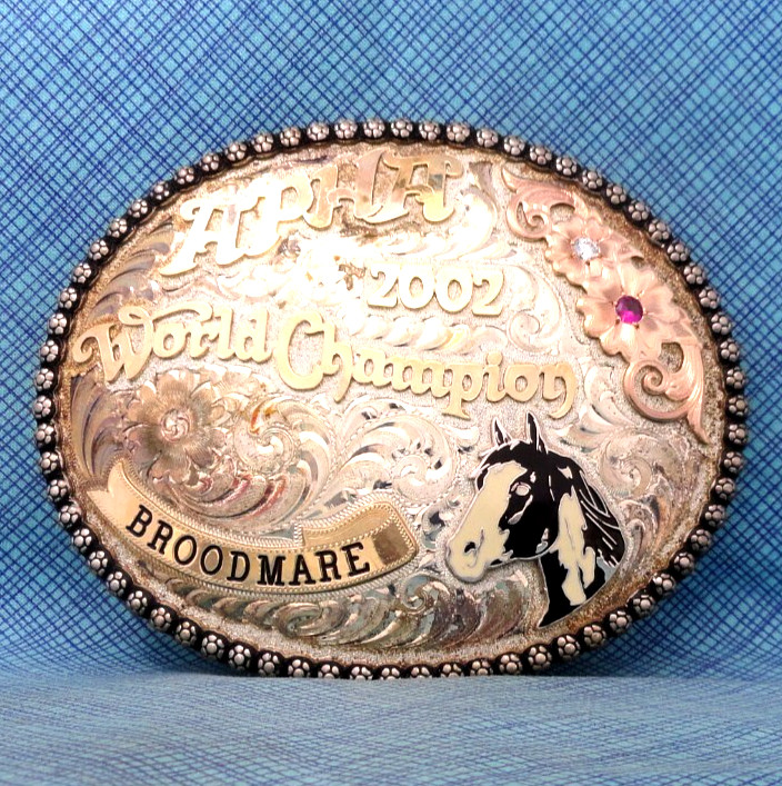 APHA 2002 World Champion Broodmare Belt Buckle SS 10K Overlay Vtg Gist SS.GMP007