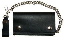 GENUINE LEATHER SOLID BLACK 6 IN TRUCKER WALLET W SNAP ON CHAIN GI674 BIKER NEW