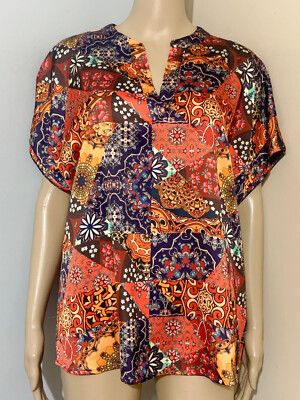 NICOLE MILLER 2X Red Navy Orange Patchwork Print Poly TOP Split V Neck Short Slv