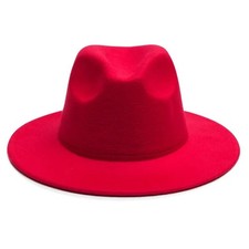 Red Classic Fedora Hat Felt Panama Jazz Cap, Vintage, Wide Brim, Men, Woman