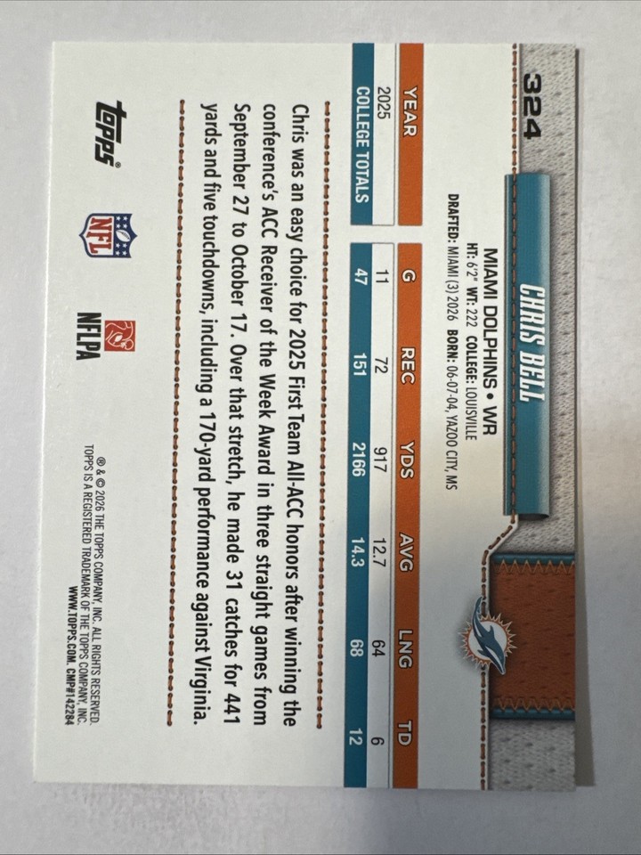 Chris Bell Rookie Card Topps Flagship Football 2026 Miami Dolphins | eBay