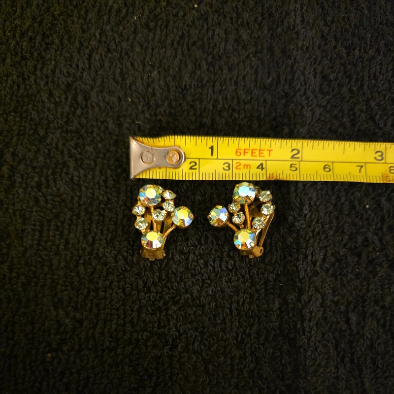 "Made Austria" Clip Earrings gold-tone clear aurora Borealis Rhinestones 