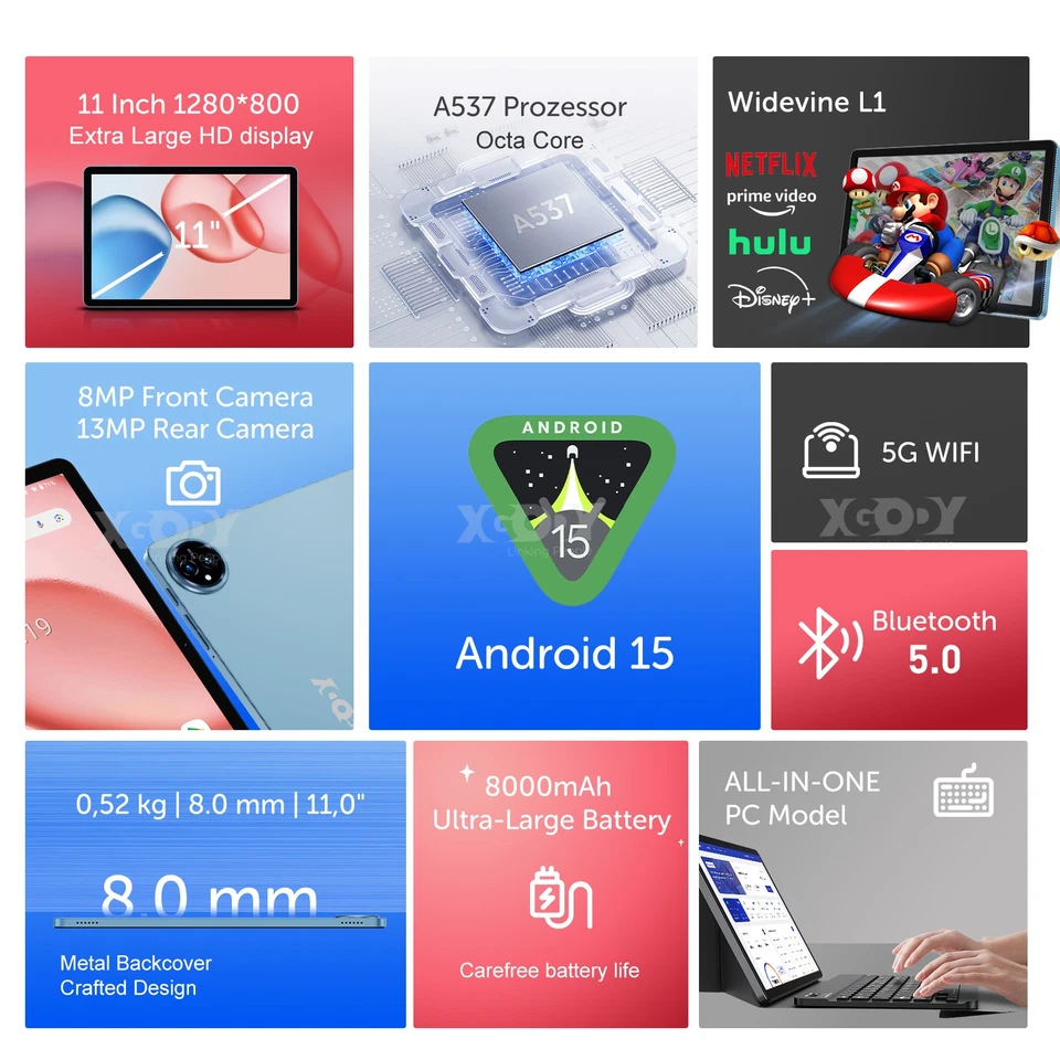 XGODY Neuest 11 inch Tablet HD Android 15 16GB RAM+256GB GMS 13MP Kamera 5G WiFi - Image 2 of 4
