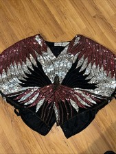 Vtg SCALA Beaded Sequin Silk Black Red Evening Blouse Top 0/S Metallic