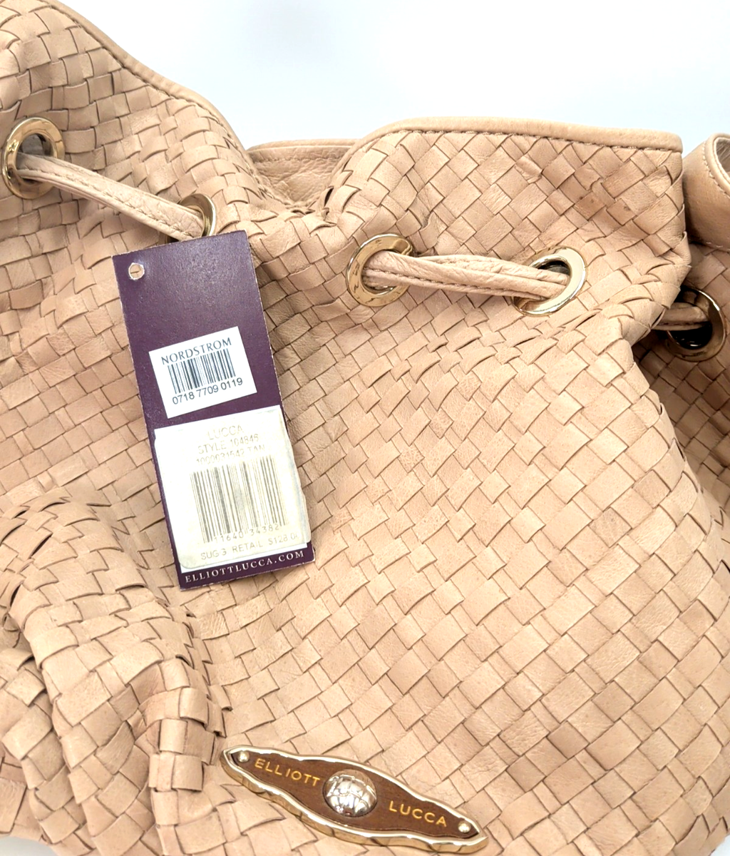 a:) 様 Elliott Lucca Tan Woven Leather Shoulder Bag Slouchy Hobo Tassels