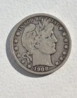 1908 D Barber Silver Half Dollar  50c Coin In F/VF Condition