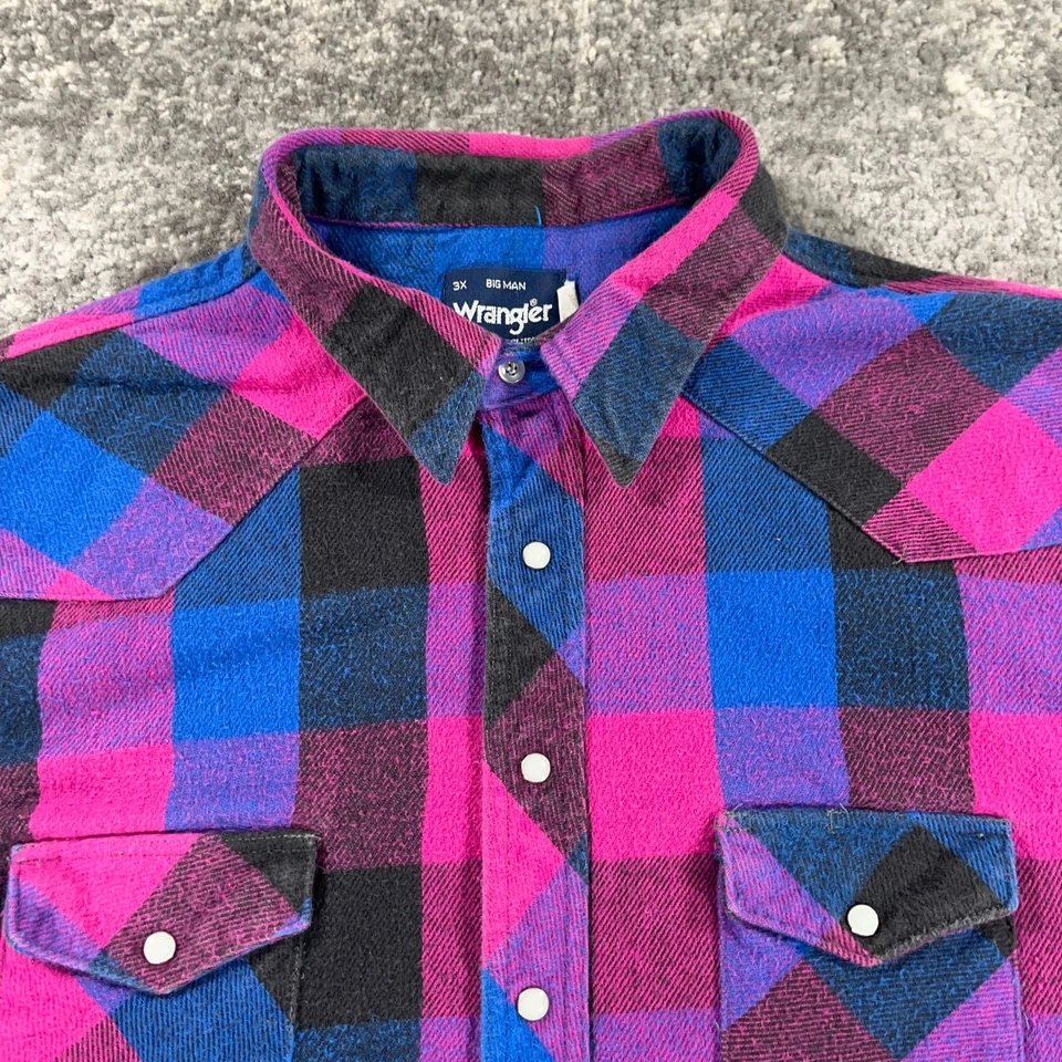 Camisa De Colección Wrangler Western Para Hombres Grande 3X Rosa Púrpura Cuadros Perla Franela a Presión Años 90 Foto 2 de 4