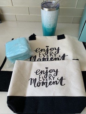 Enjoy Every Moment Set Canvas Tote Bag, Makeup Bag, Jewelry Box, Stainless Cup