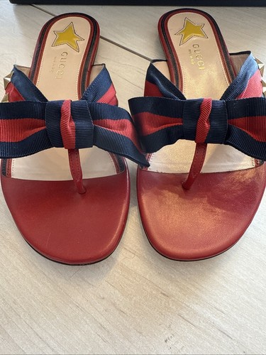 Gucci Auth US 35.5 EU Red Web Bow Studded Star Thong Sandals Shoes Flats - Picture 6 of 9