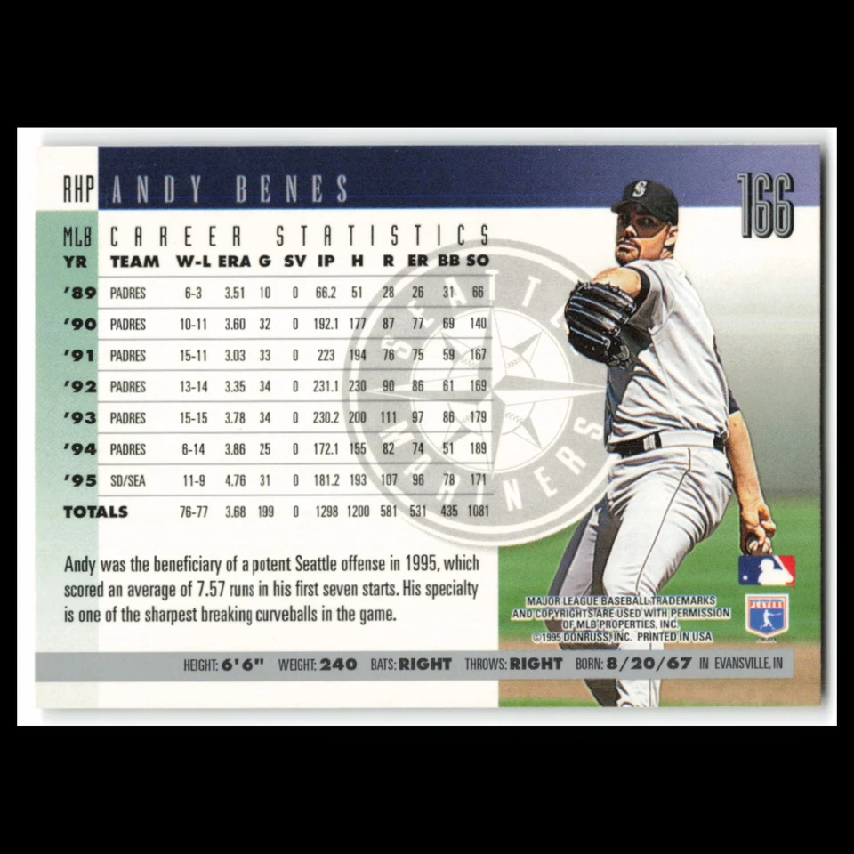 Andy Benes #166 1996 Donruss Seattle Mariners Baseball Card MLB NM - Image 2 of 3