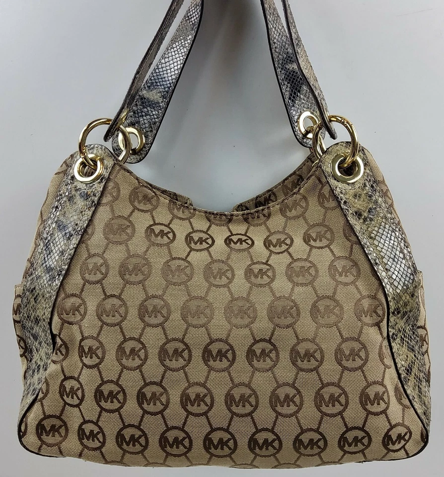 Michael Kors Signature Python Trim Drawstring Shoulder Handbag Purse - Image 4 of 4