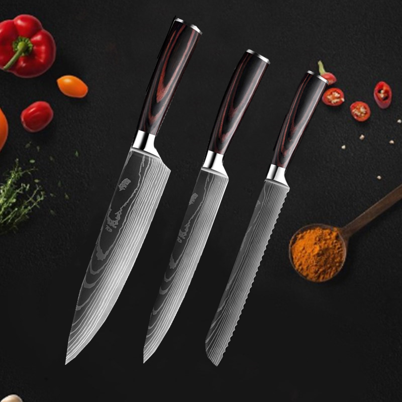 3 Piece Kitchen Knives Set Japanese Damascus Pattern Stainless Steel