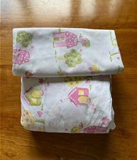 Pottery Barn Kids Flat Sheet Pillowcase Pink Green Hayden Houses Sz Twin