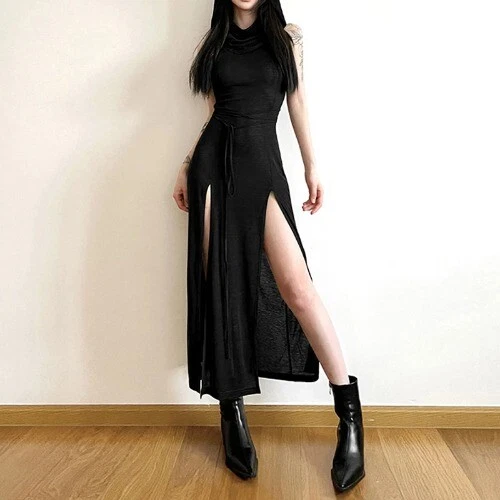 Damen Goth Dark Gothic Desert Walker Midikleid mit Kapuze Punk Aushöhlen - Bild 19 von 20