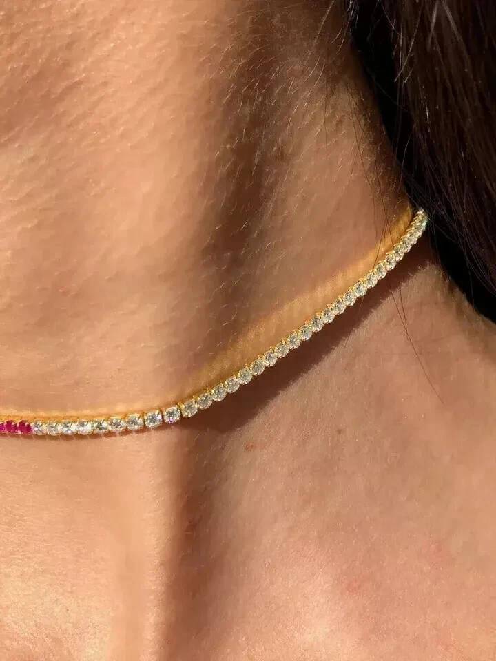 3MM Choker Tennis Necklace 14K Yellow Gold Plated 16" Round Lab Created Red Ruby - Image 4 of 4