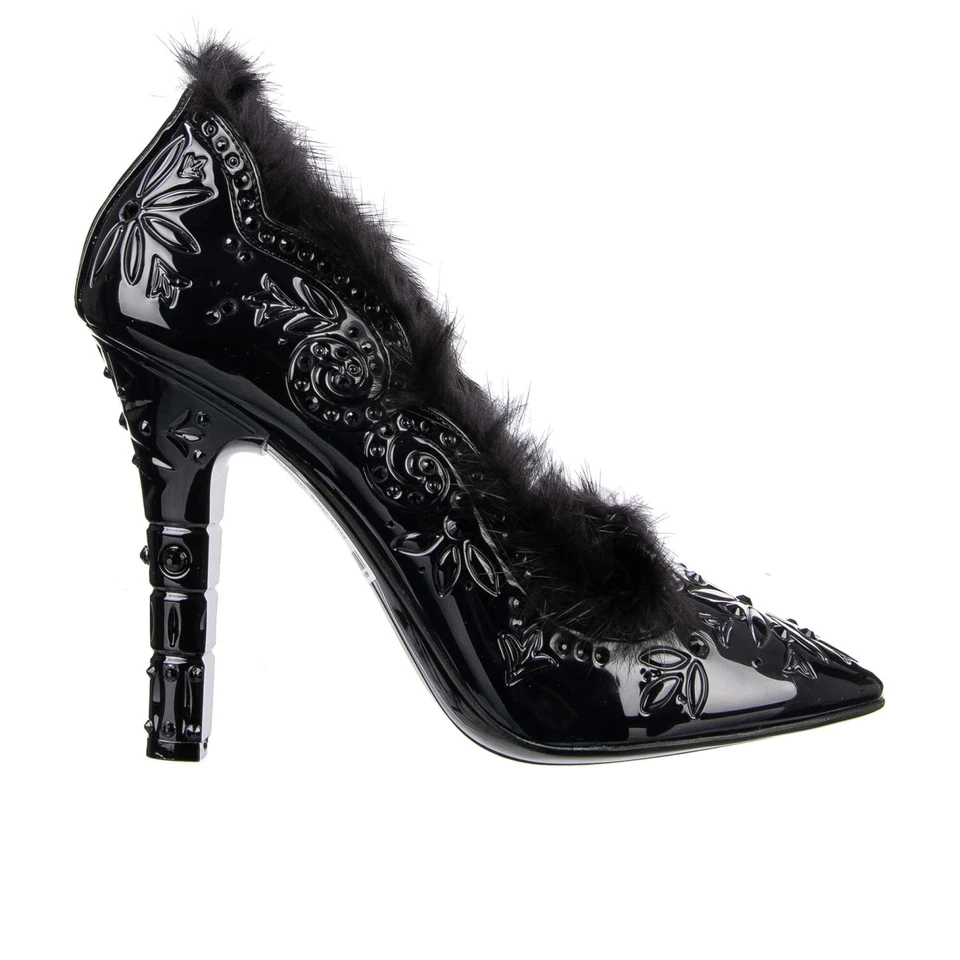 DOLCE & GABBANA Cinderella Fur Crystals PVC Pumps Shoes Black 37 US 7 UK 6 07885