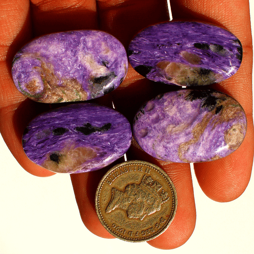 4 Pcs Natural Russian Charoite Top Quality 30mm-32mm Oval Cabochon Gemstones Lot - Picture 7 of 13