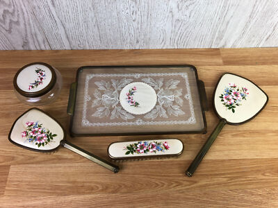 Schminktisch Kosmetik Set Tablett Bürste Spiegel Glas bestickt Petit Point Blumen 