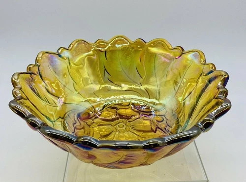 Vintage Indiana Glass 9" Wild Rose Amber Carnival Footed Bowl