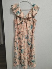 Loft Women's Pink Floral Dress With Ruffle Neckline M