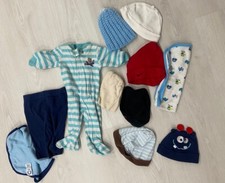 New Born Hat Lot With Pjs And Pants Burp clothes 11 Items