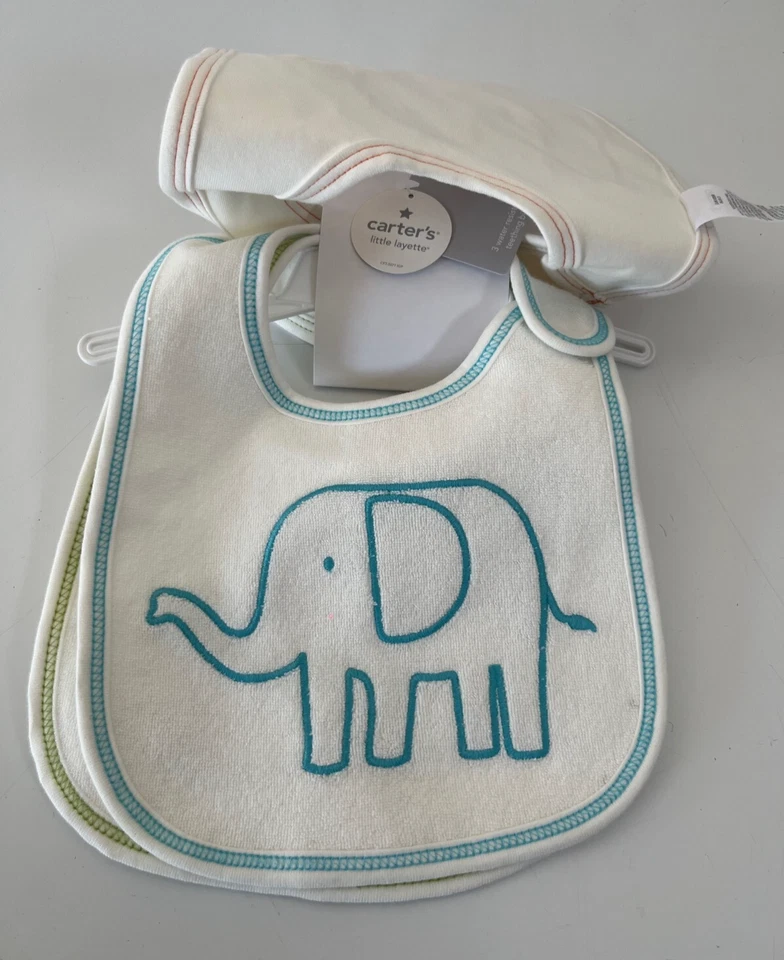 NEW Carters 3 Teething Drool Bibs Snap Closure - Duck, Elephant & Snail - Image 2 of 4