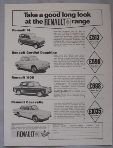 1965 Renault 4L, Gordini Daphine, 1100 & Caravelle Original advert No.1 - Afbeelding 1 van 1