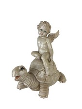 15" Alabaster Resin Statuette Cherub Riding Turtle Classic Garden Yard Decor