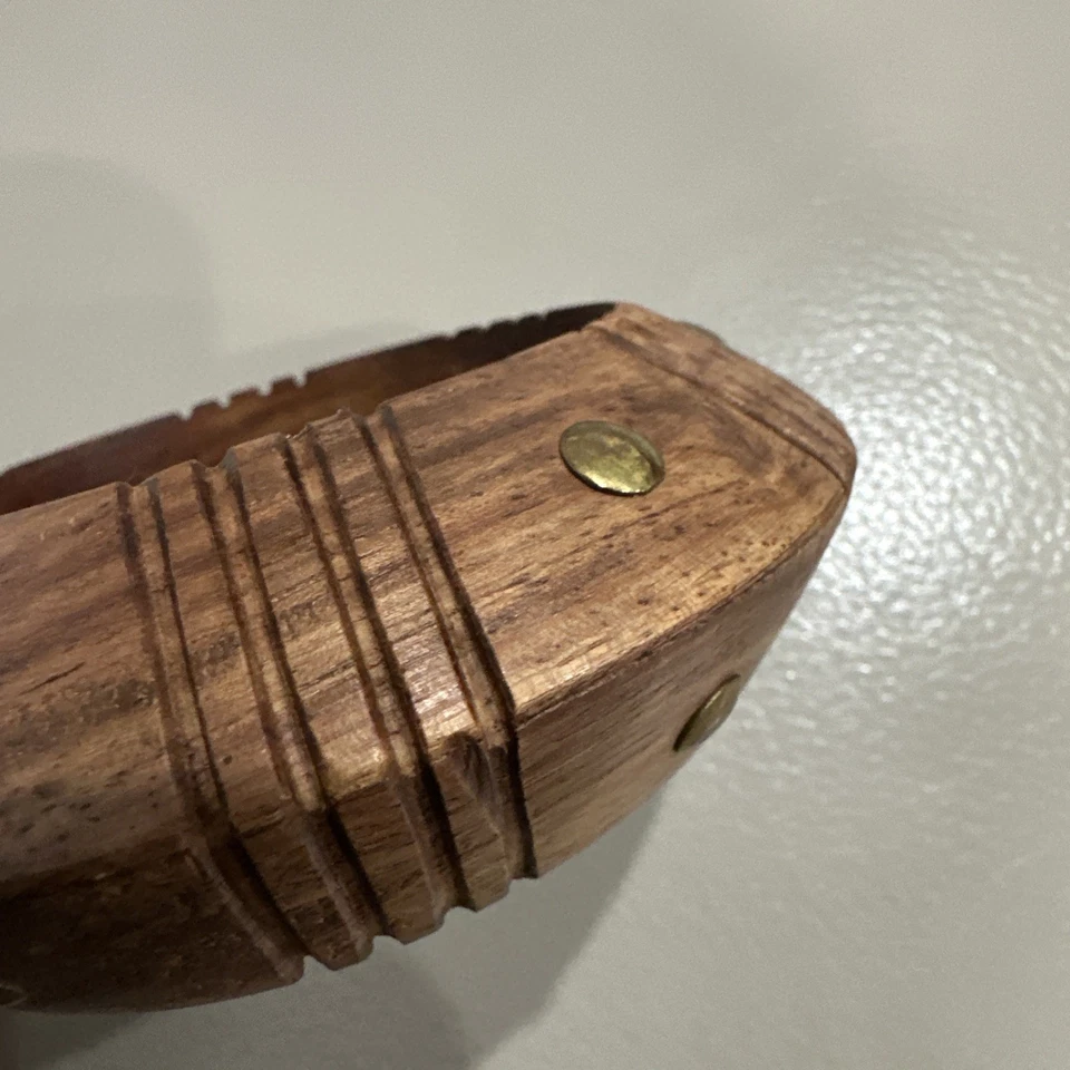 Wood Bangle Bracelet Brown Brass Copper Accents Boho Hippie Wide Chunky Bangle - Image 2 of 4