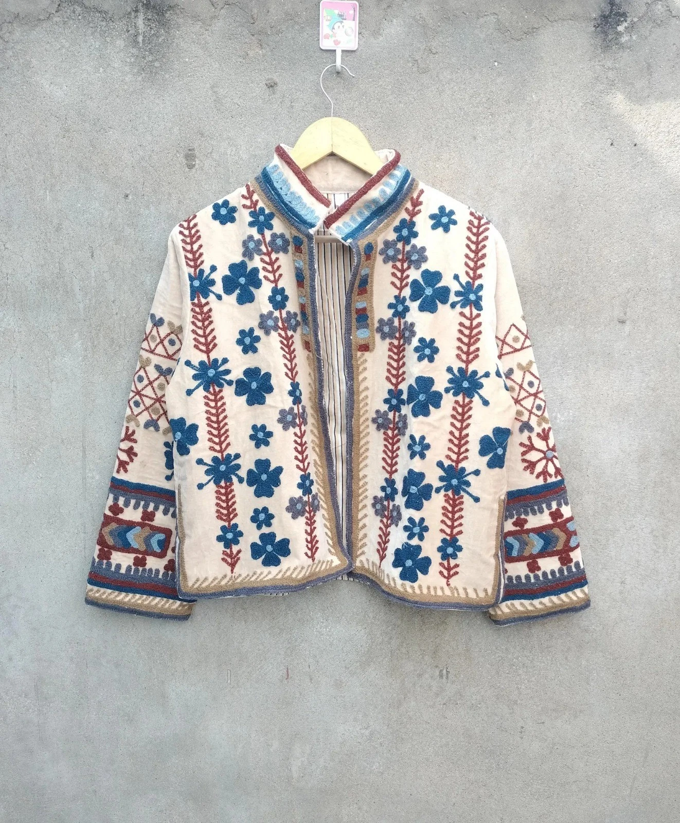Indian Handmade Beige Suzani Floral Cotton Unisex Jacket Womens Clothing Jacket