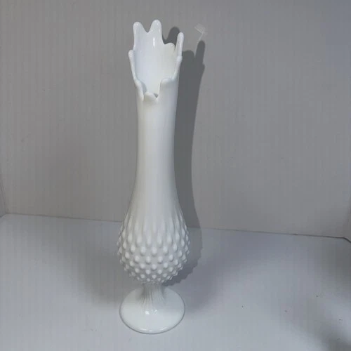 Vintage Fenton 14" White Hobnail Milk Glass Swung Pedestal Vase 9 Fingers