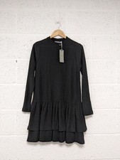 Mint Velvet Crinkle Jersey Tiered Mini Dress Long Sleeve Black Size M - New