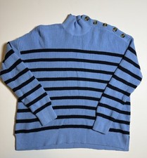 LOFT Blue Striped Mockneck Button-Shoulder Ribbed Sweater M Coastal Nautical