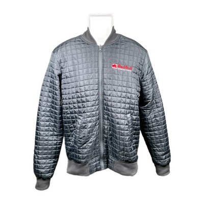 Red Bull Bomber Jacket L Silver Gray Nano Puffer Logo Pockets Full Zip Authentic