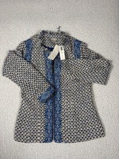 Chico's O Size 4/6 Soft Tweed Jacket Full Zip Fringe Collar Blue Beige Lined