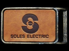 IB01161 VINTAGE 1970s  SOLES ELECTRIC  LEATHER INLAY BELT BUCKLE