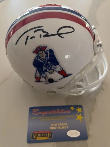 Tom Brady Autographed Mini Throwback Football Helmet / Mounted Memories COA